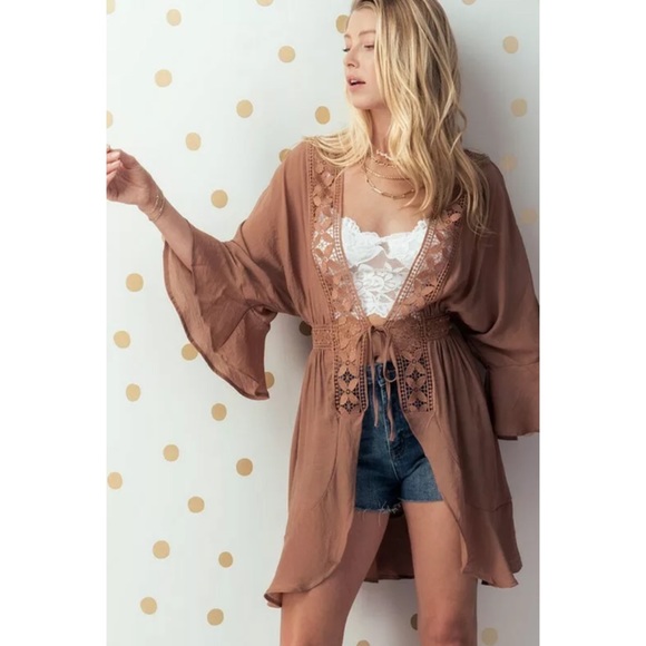 CLEARANCE Mocha Boho Crochet Ruffle Bell Sleeve Cardigan - Picture 3 of 4